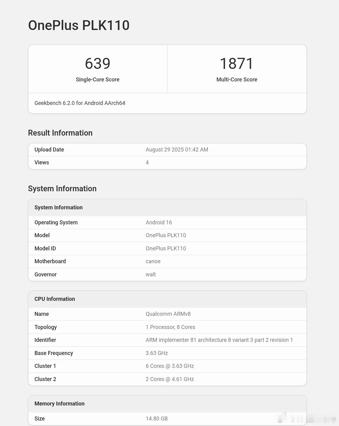 一加15跑分现身，SM8850/骁龙8EGen5的常规版主频是4.61GHz。