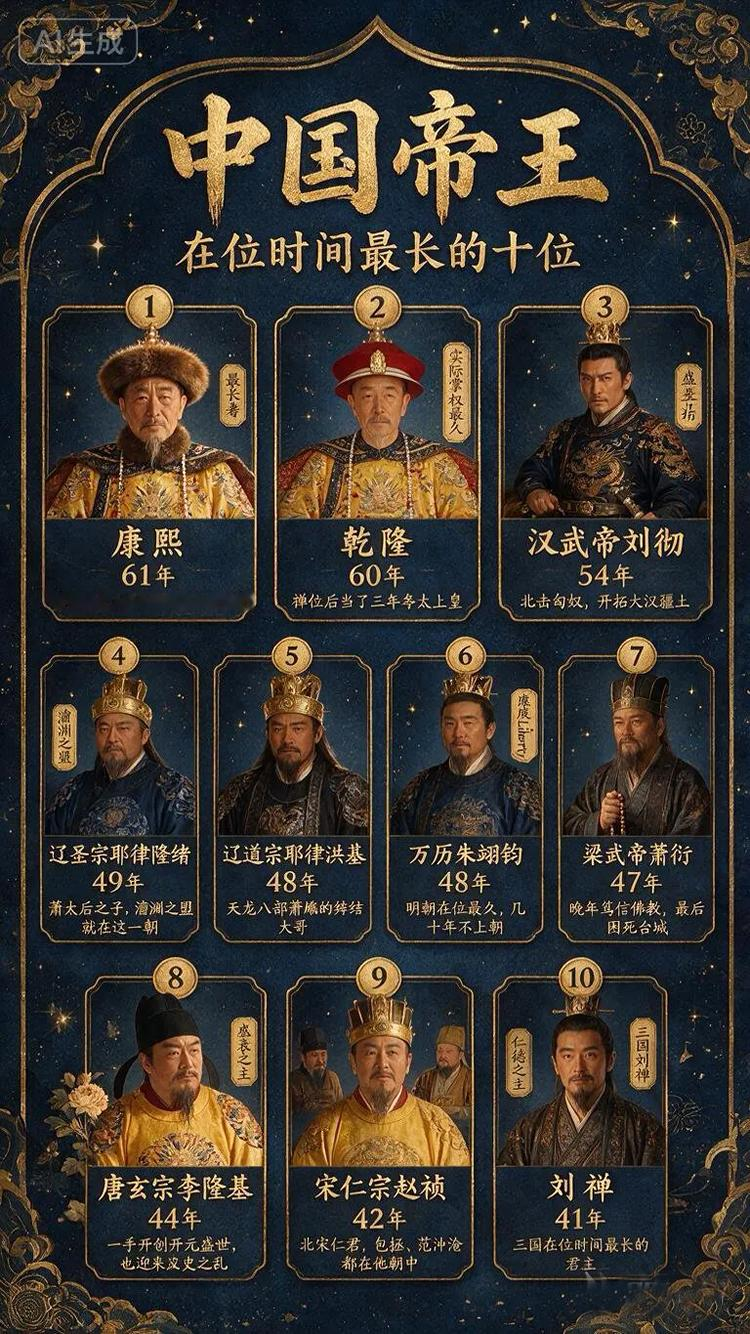 中国在位最长的十位帝王，晚年大多栽跟头！康熙晚年皇子争储，几个皇子拉帮结派，乾隆好大喜功，又宠和珅，