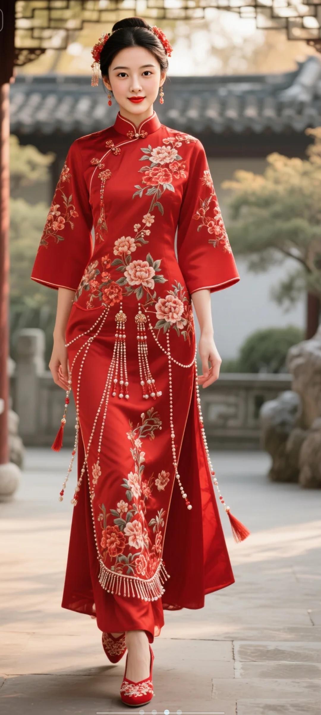 美女的美丽瞬间分享美丽新娘，穿着大红色秀禾服，整体设计融合传统与现代元素，上衣为