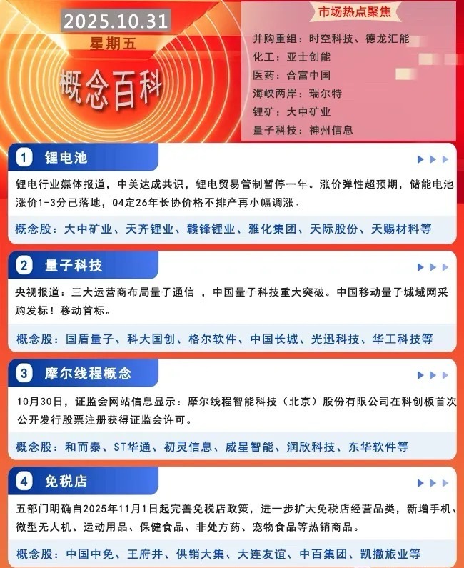 10月31日市场核心消息与概念股参考重点产业及政策动态1.锂电池:中美达成共
