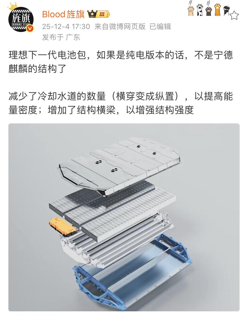 艹老师：理想下一代电池包，如果是纯电版本的话，不是宁德麒麟的结构了减少了冷却