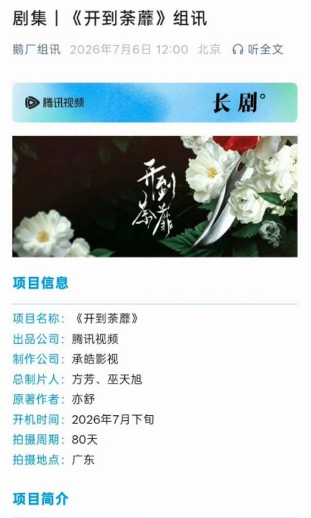 白鹿《开到靡荼》本月开机！《开到靡荼》是亦舒同名小说改编，16集电视剧，目前的