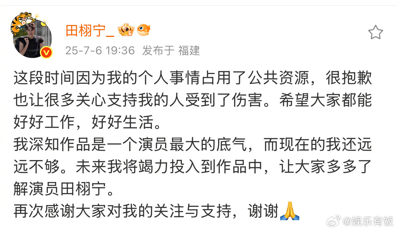 田栩宁道歉发文就近期事件道歉：“这段时间因为我的个人事情占用了公共资源，很抱歉