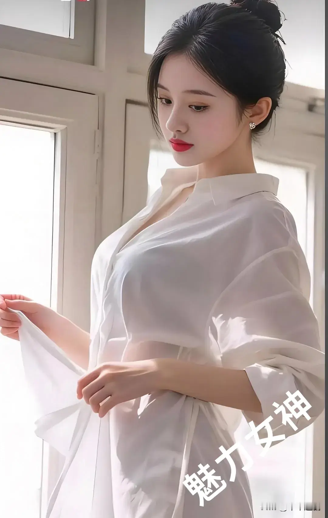 晨光透过窗棂，她以一袭白衫演绎优雅与魅惑，每一寸线条都似精心勾勒的诗...