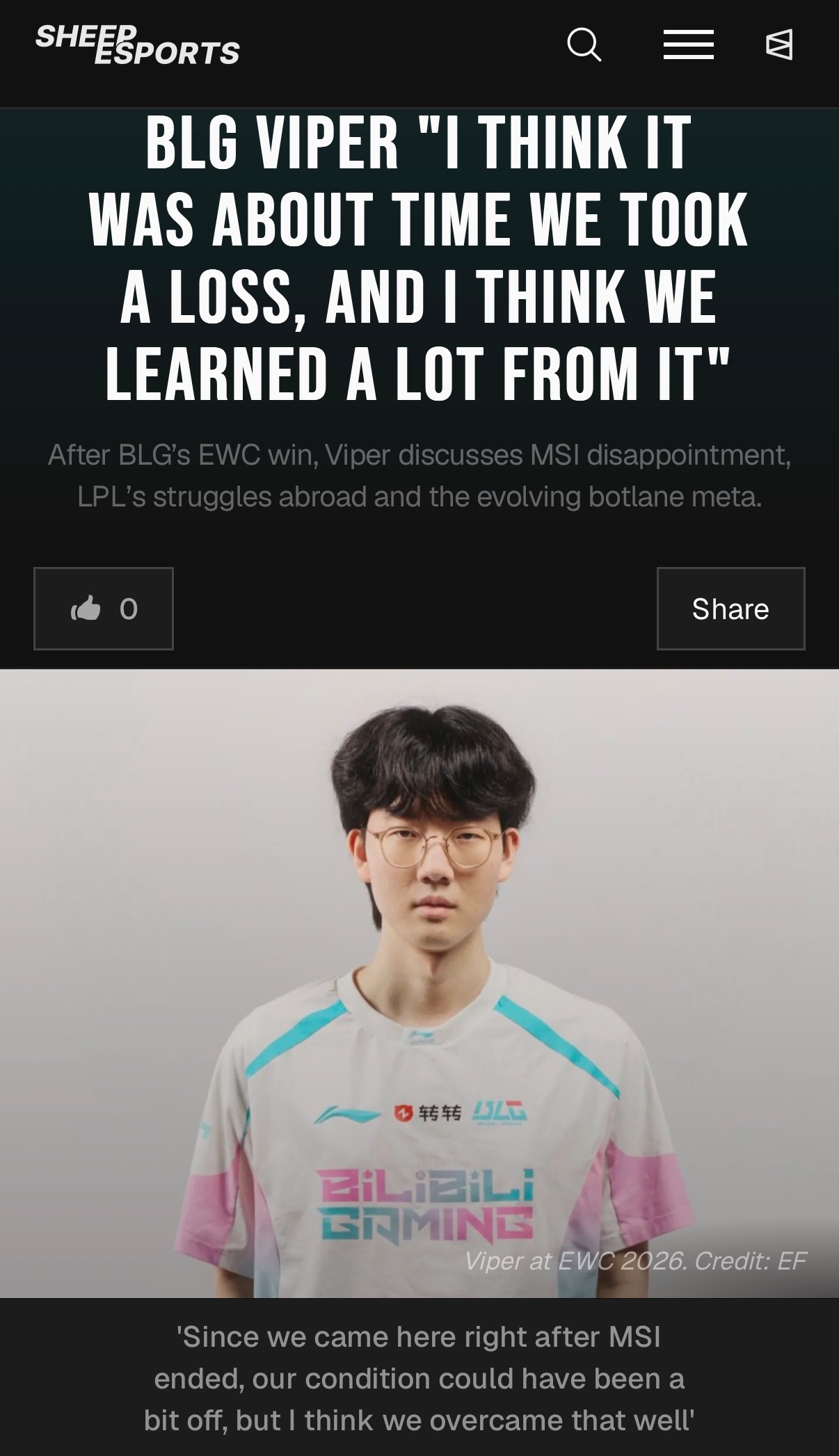 BLG下路选手Viper：“我觉得也是时候输一场了，而我们也从这场失利中学到