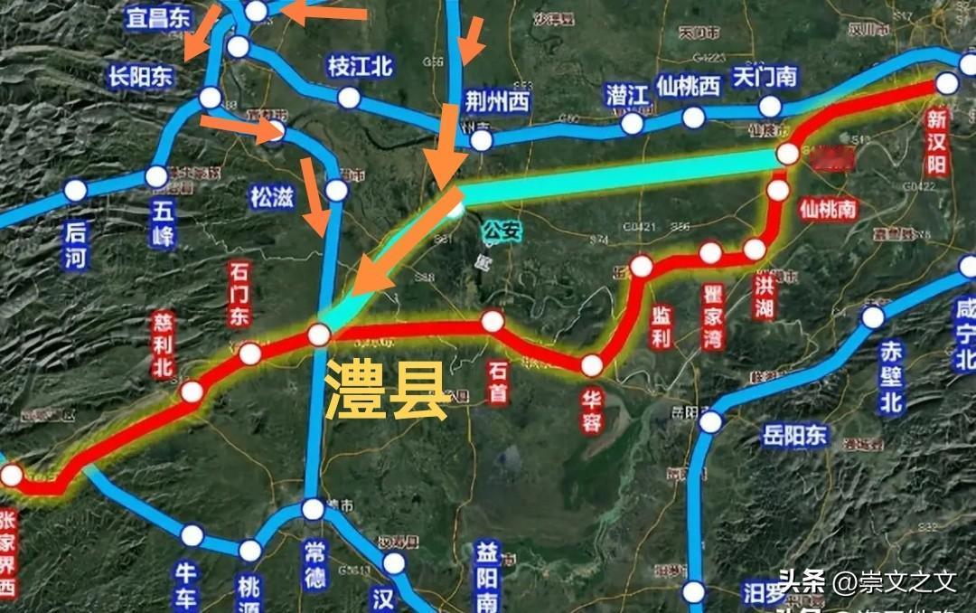 呼南高铁荆门至澧县段东西两线对比：里程可缩短65公里，新修铁路里程减少75公里。