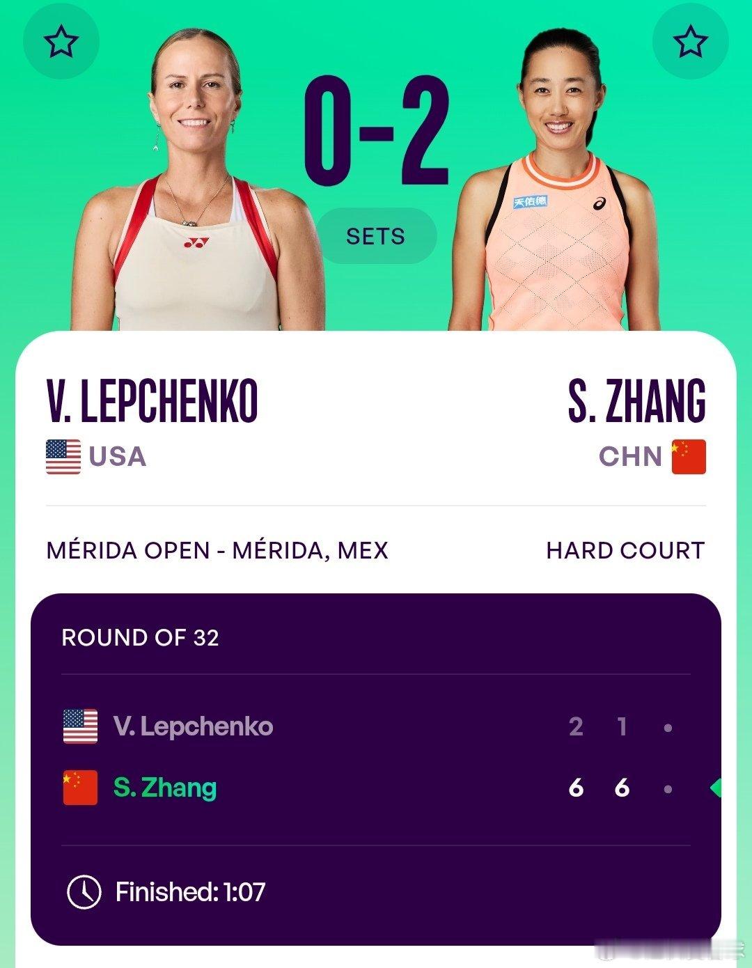 WTA500梅里达站🇲🇽女单第1轮张帅🇨🇳6-2/6-1轻松战胜勒普琴科