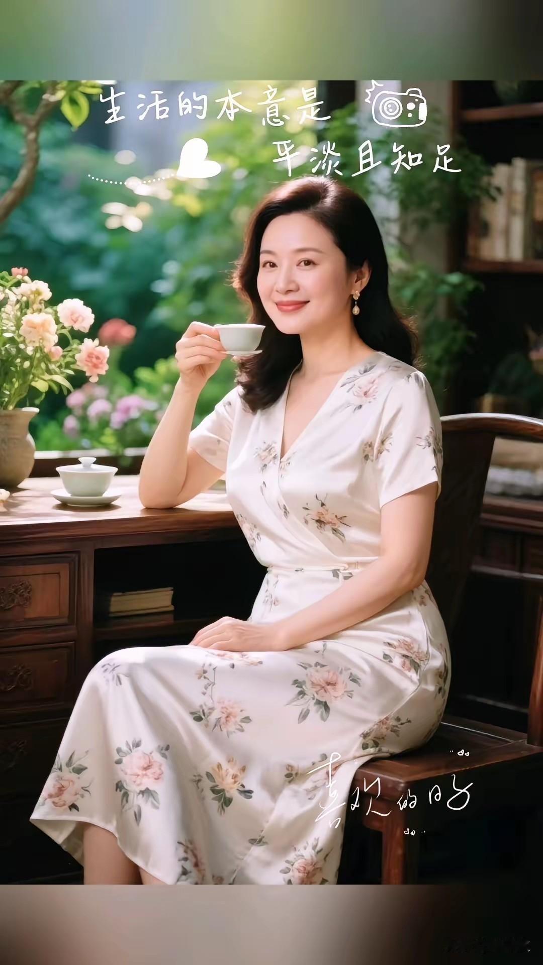 这株蔷薇真可爱，花朵悉数开墙外。香气四溢飘空中，旗袍雅韵更精彩。