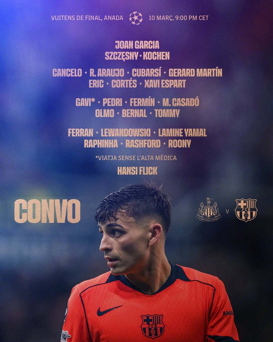 纽卡斯尔联vs巴萨大名单出炉🔥❌巴尔德、克里斯滕森、德容、孔德缺席✅加维在未