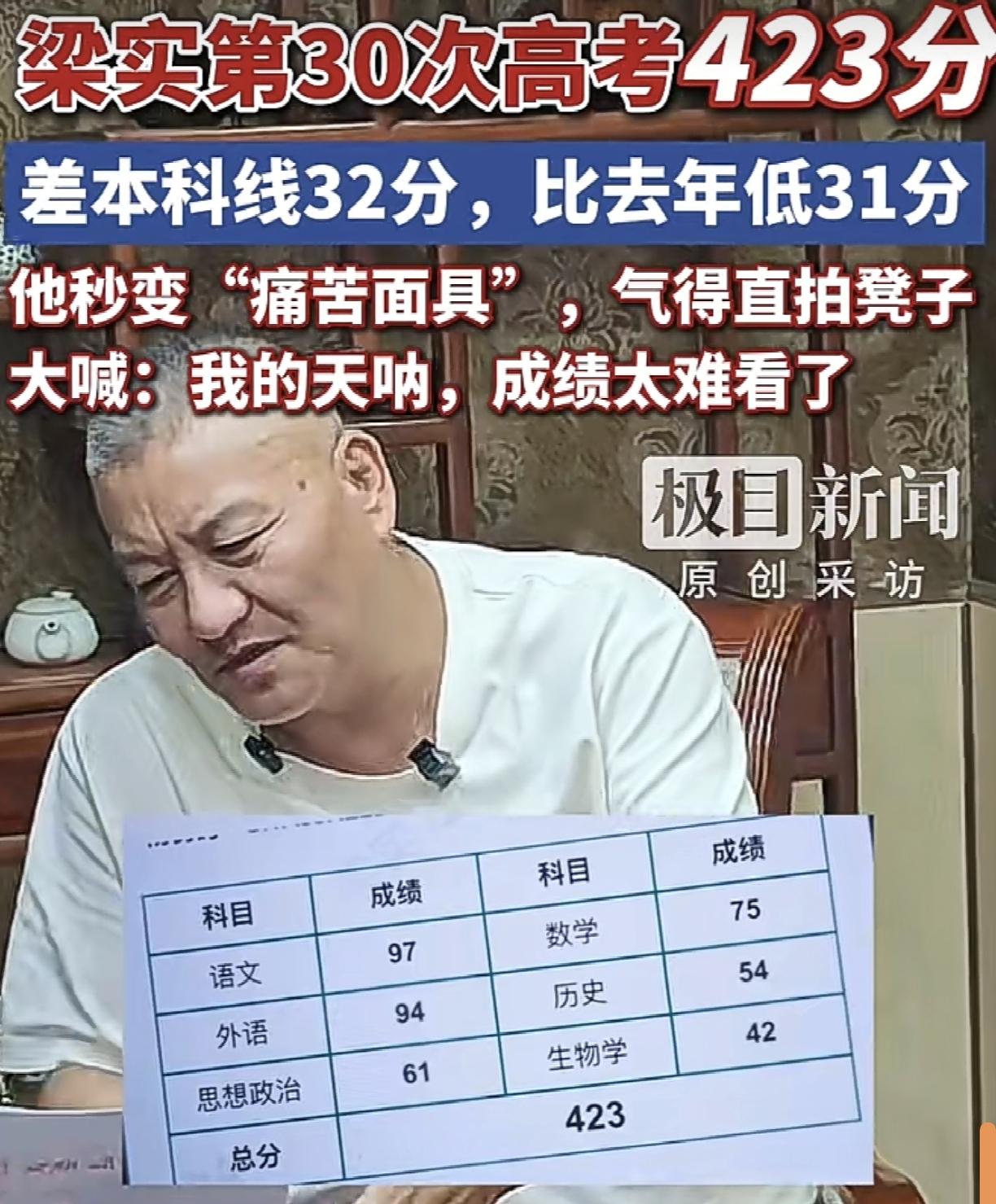 59岁的梁实今年参加第30次高考，考试前他面对记者采访时表示考550分不难，高考