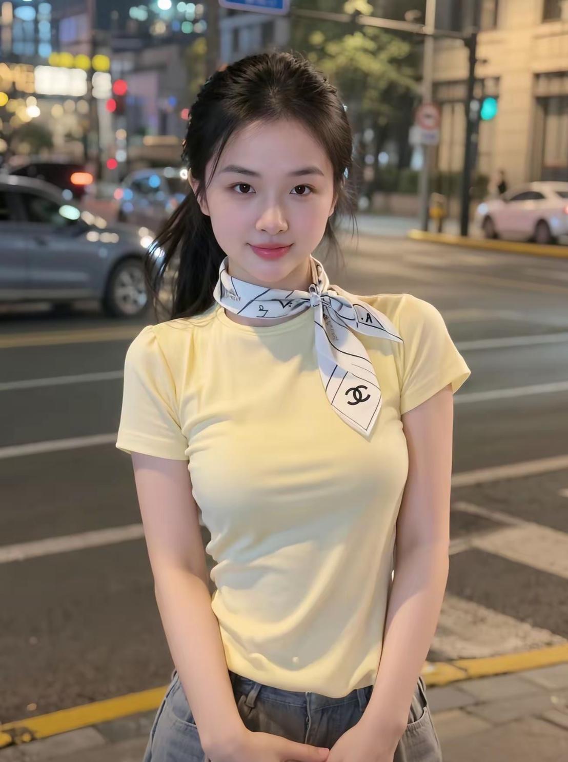 都市夜色下的时尚少女，黄色T恤搭配丝巾，尽显青春活力！