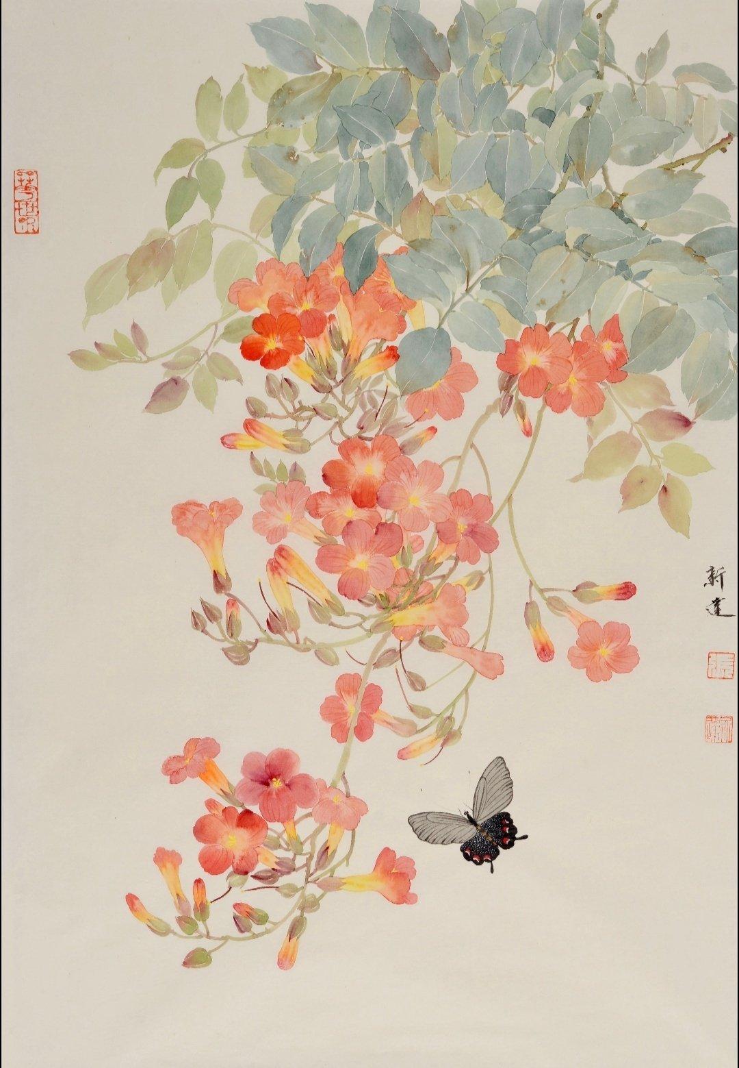 🖌️当纸像云朵般轻盈笔墨便有了灵性你看那笔下的花瓣尖带着晨露的润