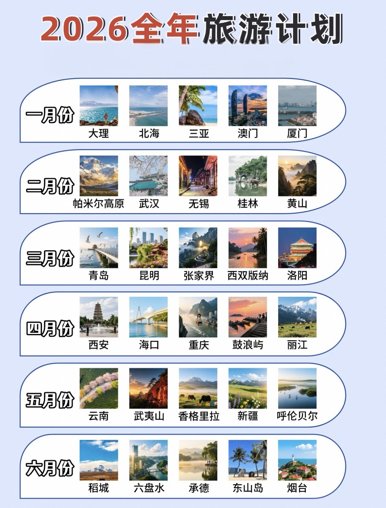 2026全年旅游计划，每月推荐好去处！