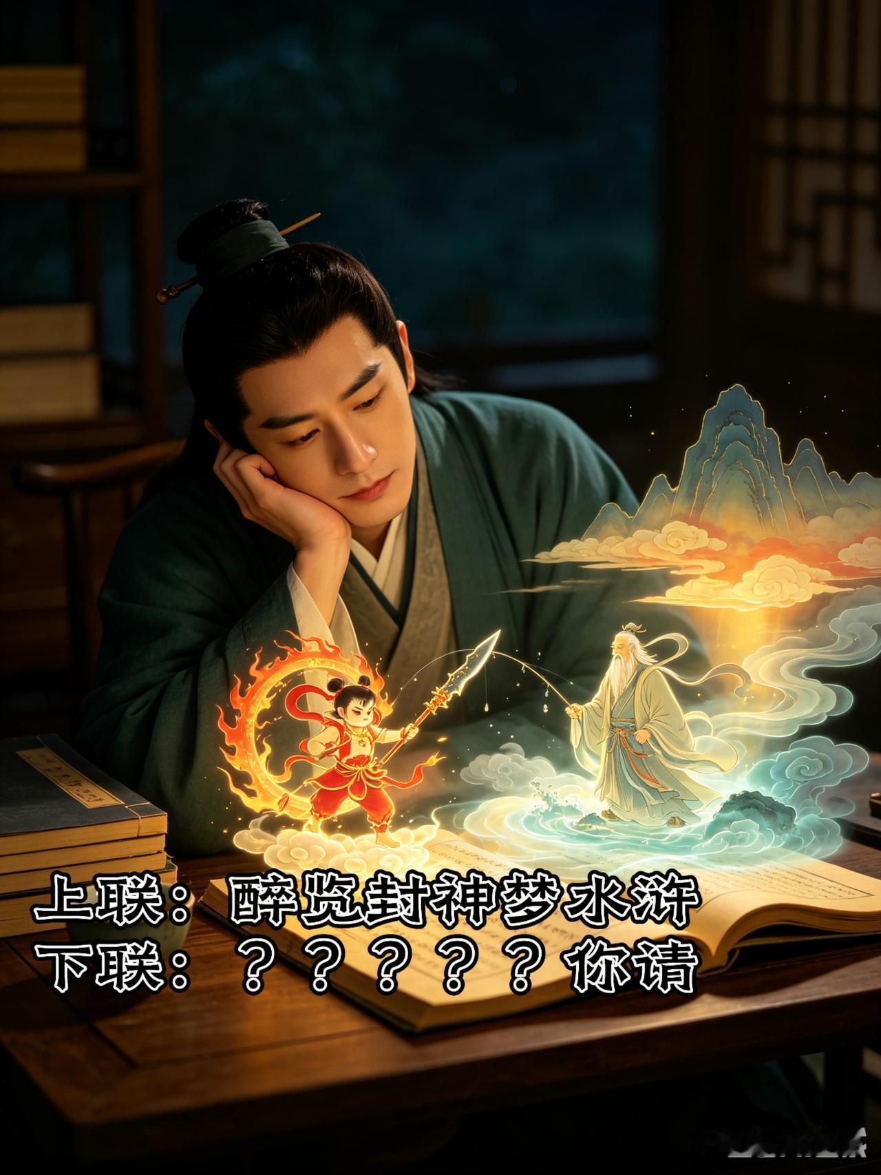 上联：醉览封神梦水浒下联：？？？？？你请嵌入书名《封神演义》《水浒传》。一