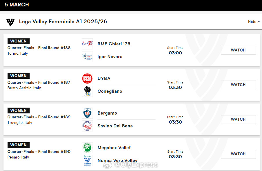 【意甲女排1/4决赛次回合赛程对阵】国际排坛动态中国排球留洋动态北京时间3月5