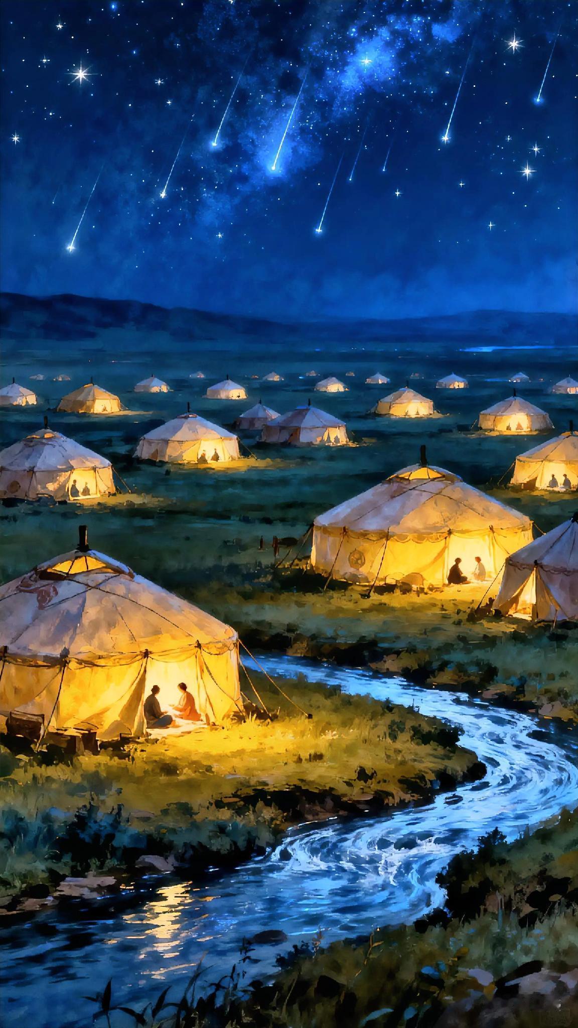 《如梦令》清、纳兰性德。万帐穹庐人醉，星影摇摇欲坠。归梦隔狼河，又被河声