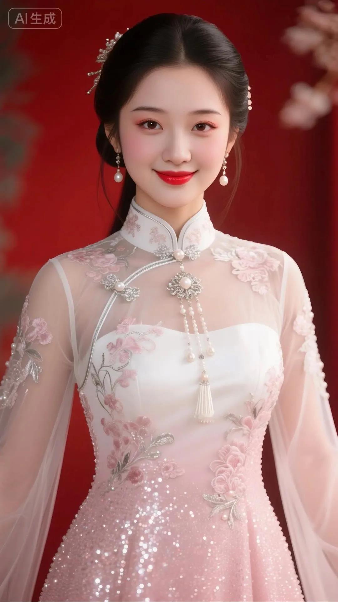 优雅的新娘装，粉色花朵刺绣，甜美动人！💍🌸✨