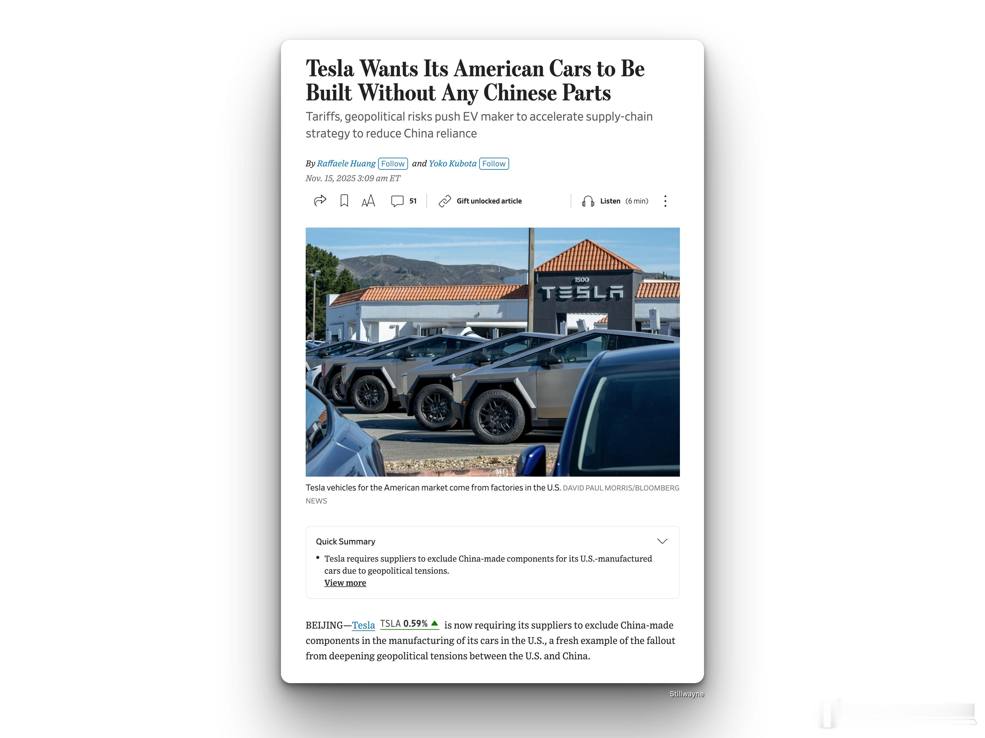 特斯拉要求在美国生产的特斯拉汽车上避免使用中国产零部件据知情人士透露，今年早些时