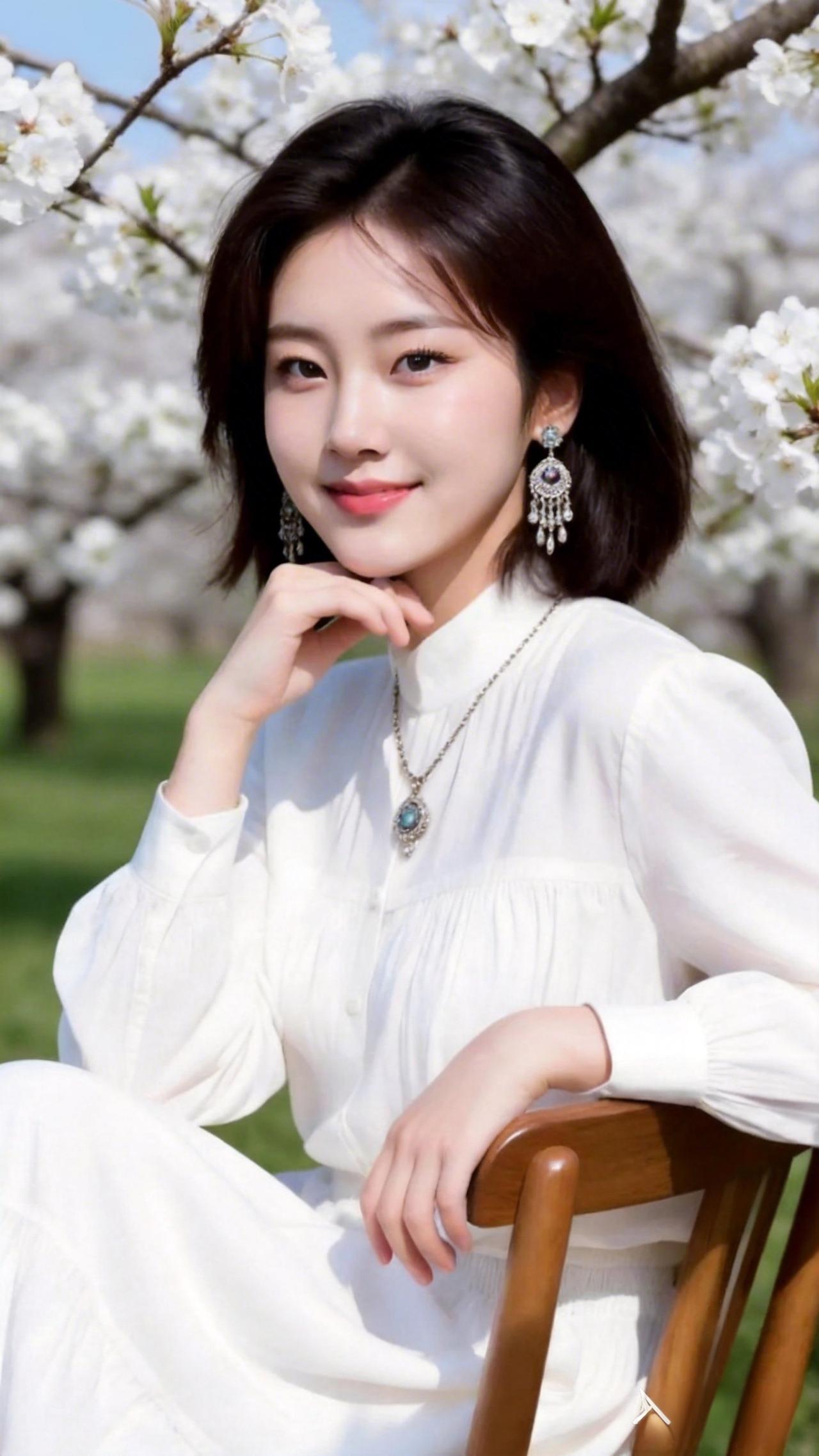 这姑娘坐在花树前，好温柔啊。