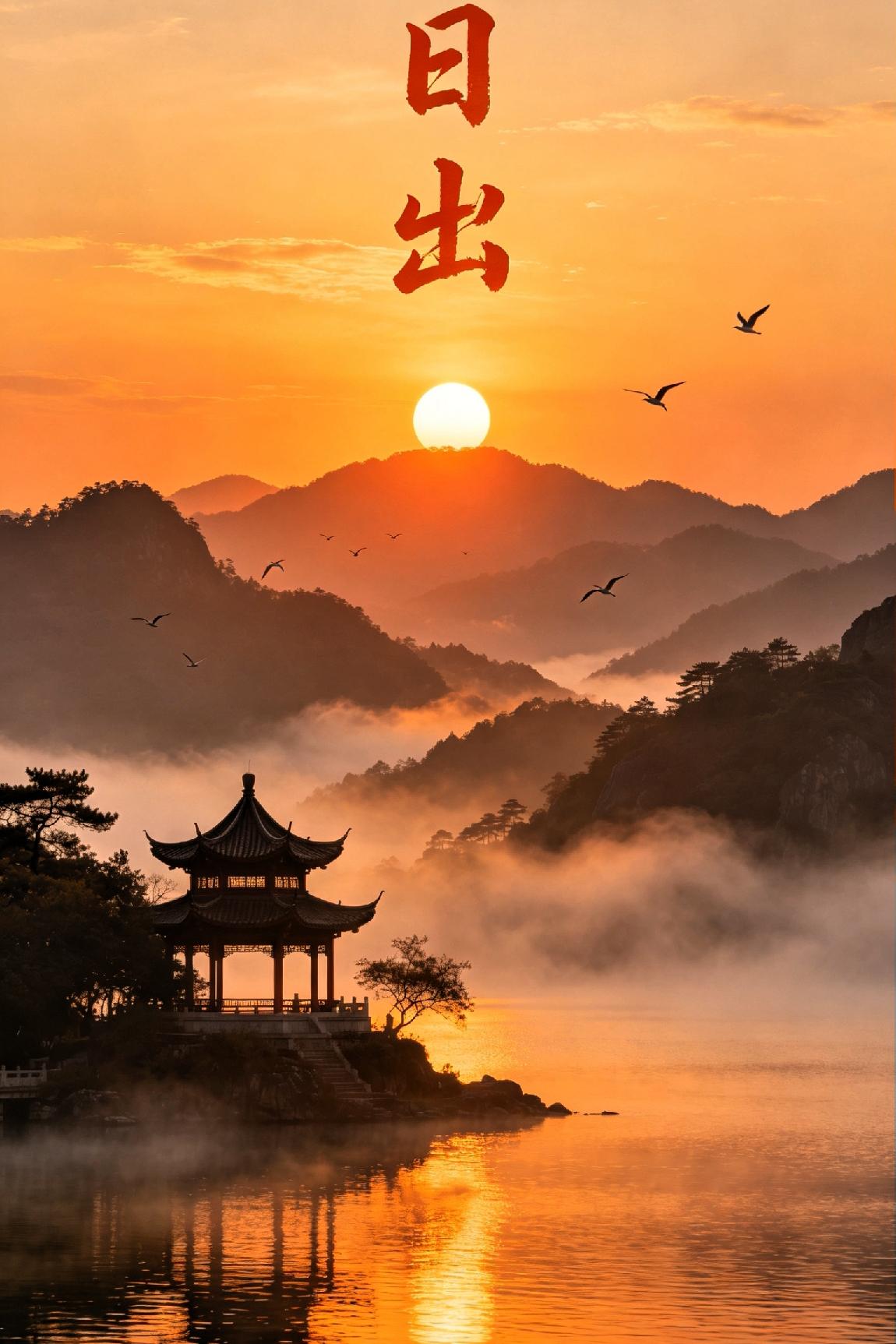 《日出.七律诗》晓雾初收绕远丘，金轮腾涌向东流。清辉漫染千峰翠，曙色平