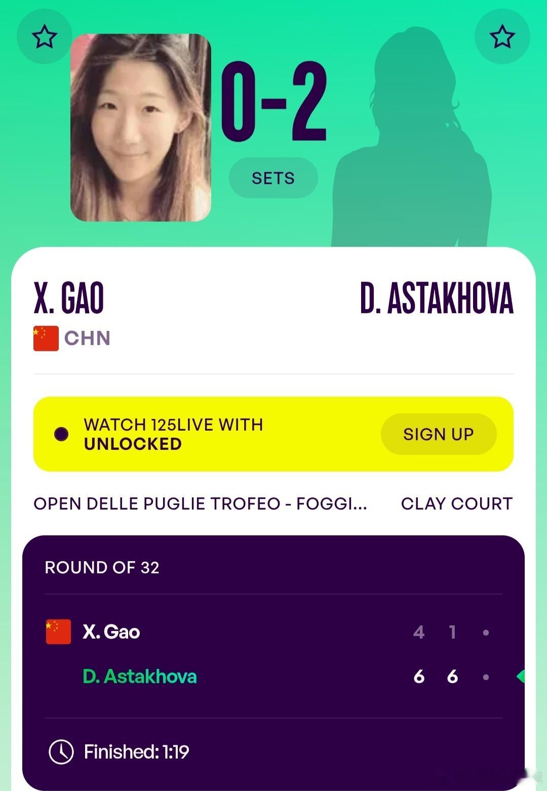 WTA125福贾站🇮🇹女单第1轮高馨妤🇨🇳4-6/1-6不敌阿斯塔霍娃?