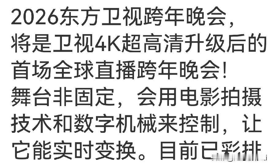 东方卫视跨年晚会，是4K超高清升级后，首场全球直播跨年晚会。舞台非固定，会用电影
