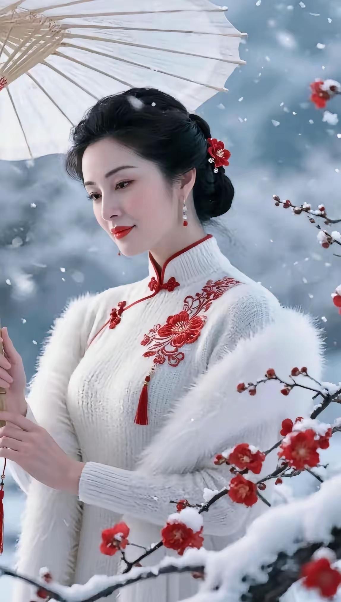 雪中红衣美人，伞下含笑如花。