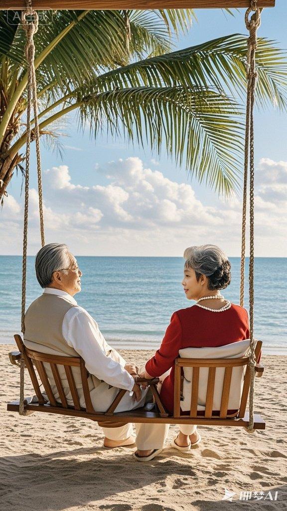 海边荡秋千，浪漫夕阳下，牵手看海浪🌊💕