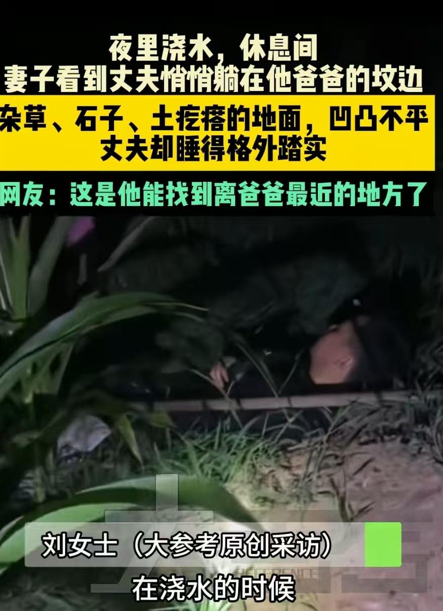 这一幕，看得人心头泛酸！河北，妻子夜里起来给地里浇水，却看到丈夫躺在公公的坟边睡