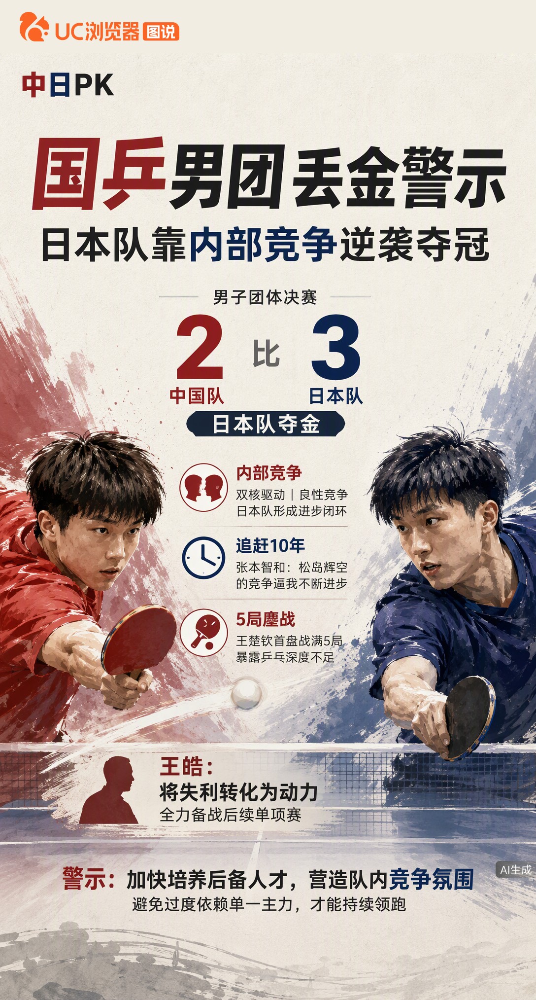 男团决赛2-3惜败日本！张本智和坦言队内竞争逼出进步，国乒过度依赖王楚钦的隐患在这场失利中彻底暴露。