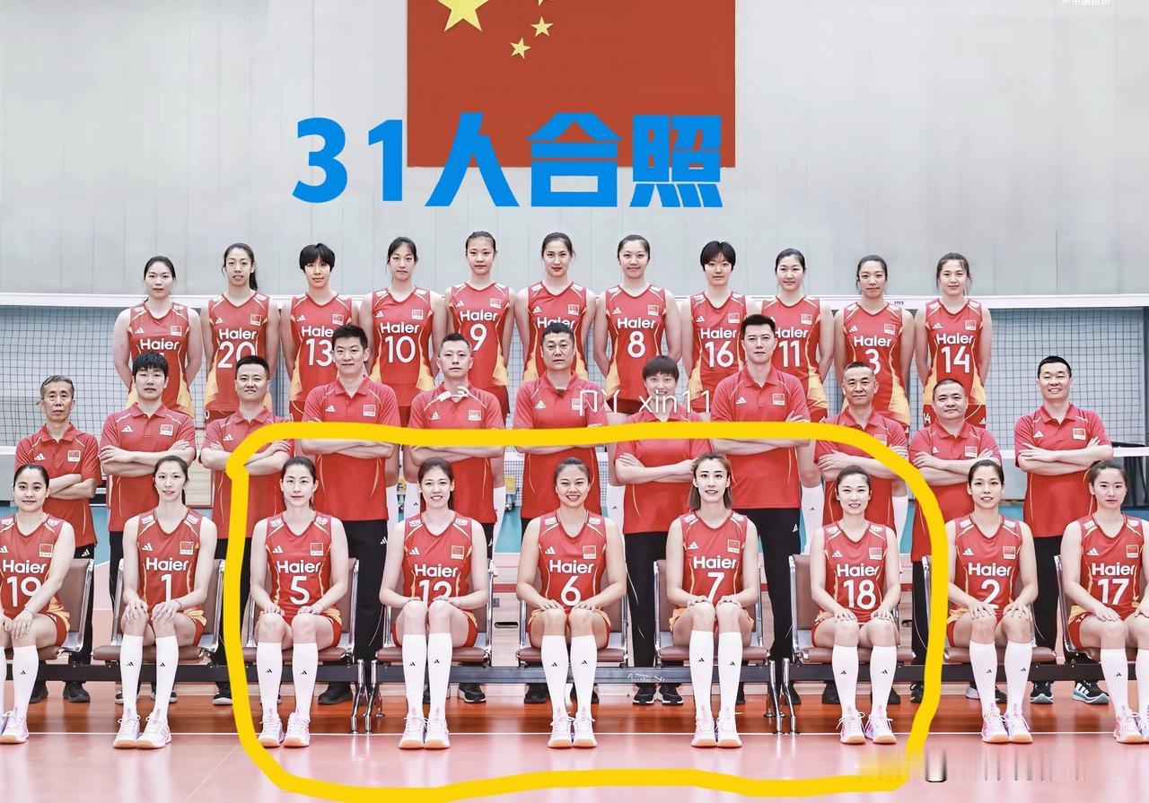 中国女排团队31人大合照[玫瑰]1.前排李盈莹、龚翔宇、王媛媛等5位老人，身边