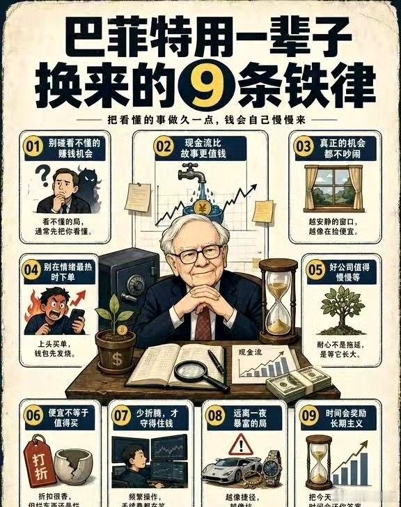 巴菲特用一辈子换来的9条铁律很多人亏钱，不是因为不努力，而是太容易被“机会”带着