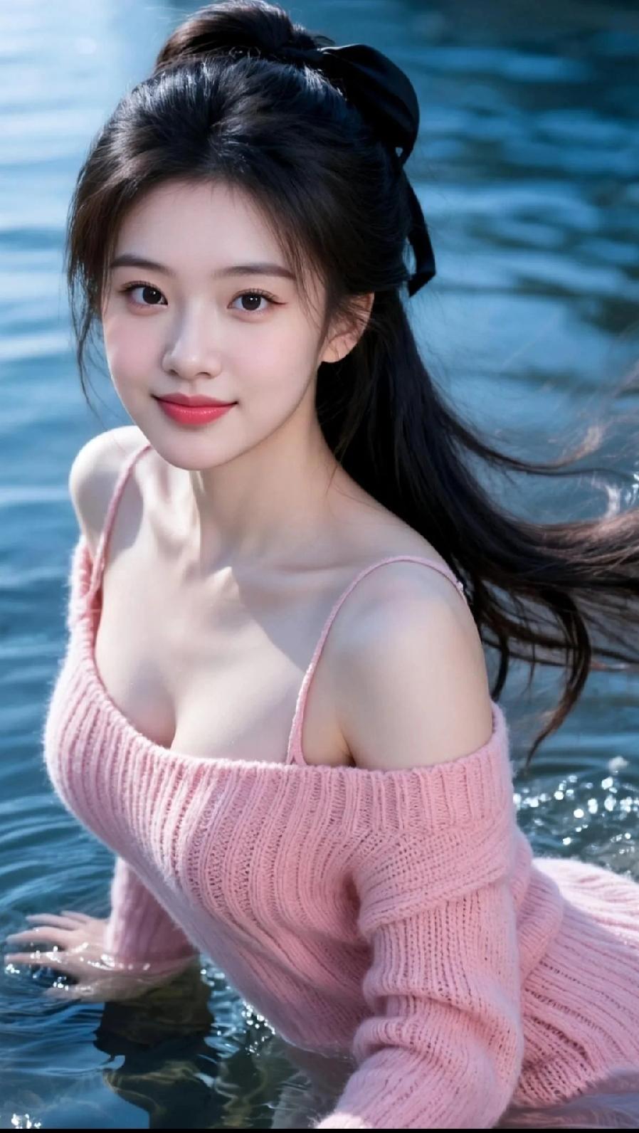 光之影碧波荡漾，粉衣美人。