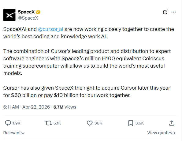 马斯克SpaceX收购Cursor，400亿美元....老美的钱都不是钱