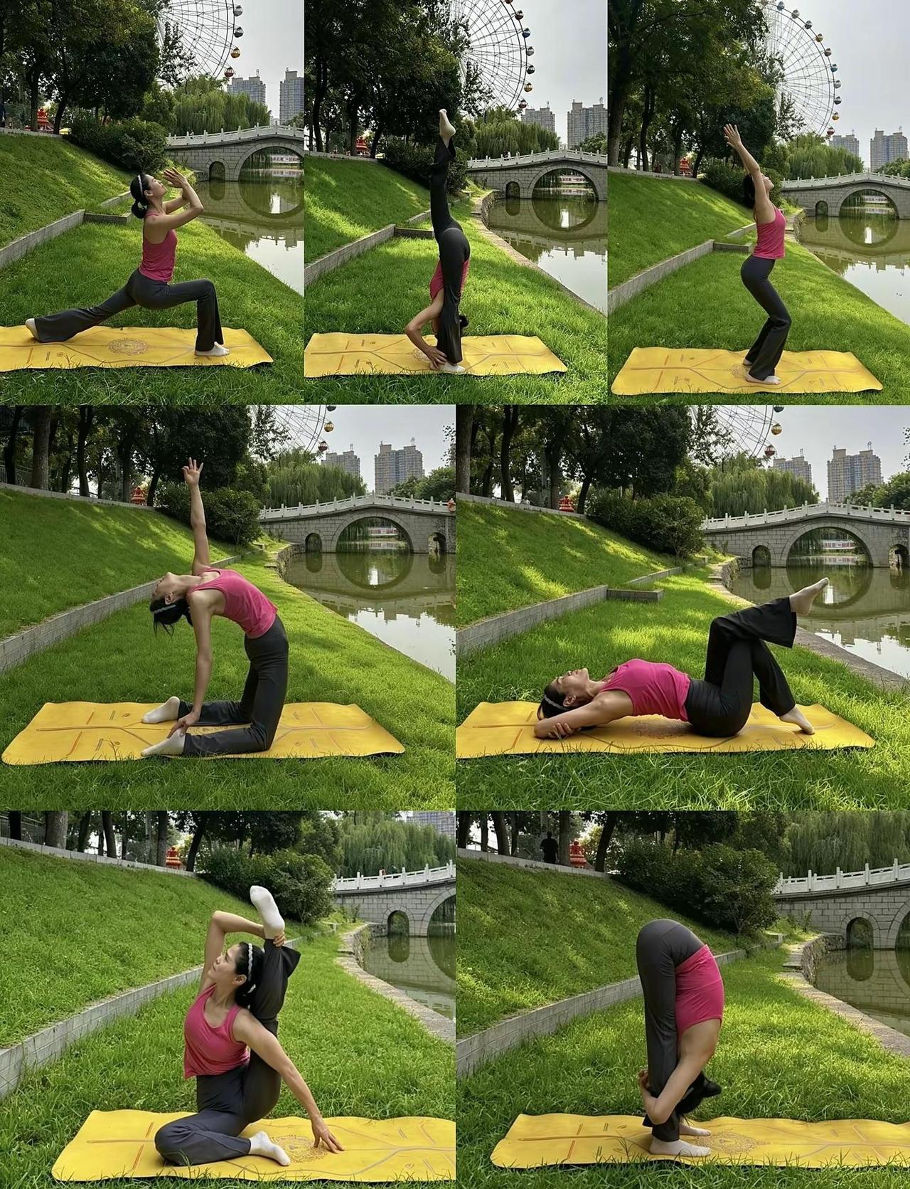 户外瑜伽拍照体式分享：带着瑜伽垫走出房间，到公园里感受阳光，草地，湖水，享受大自