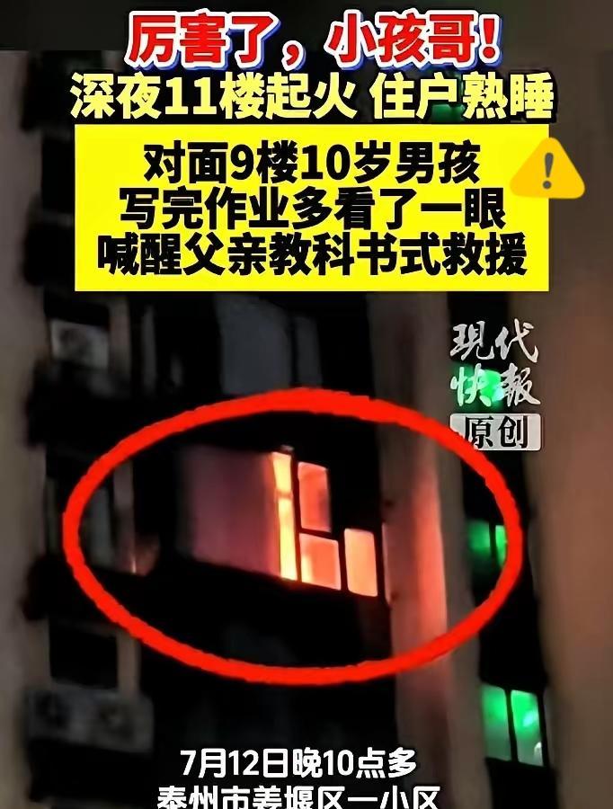 晚上10点，江苏泰州，一名10岁男孩写作业写得眼睛发酸，便走到阳台透口气，谁也没