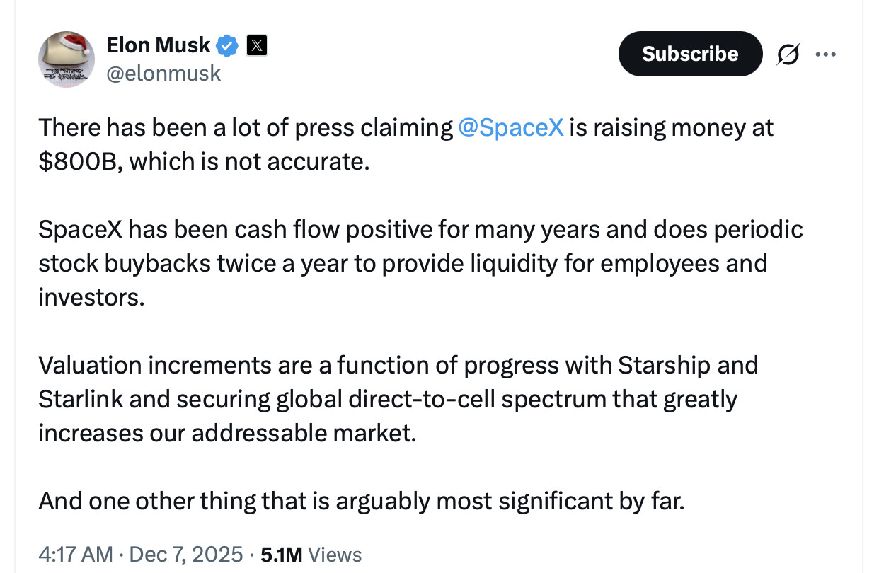 马斯克回应，近期有不少媒体宣称SpaceX正在以8000亿美元估值融资，这种说法