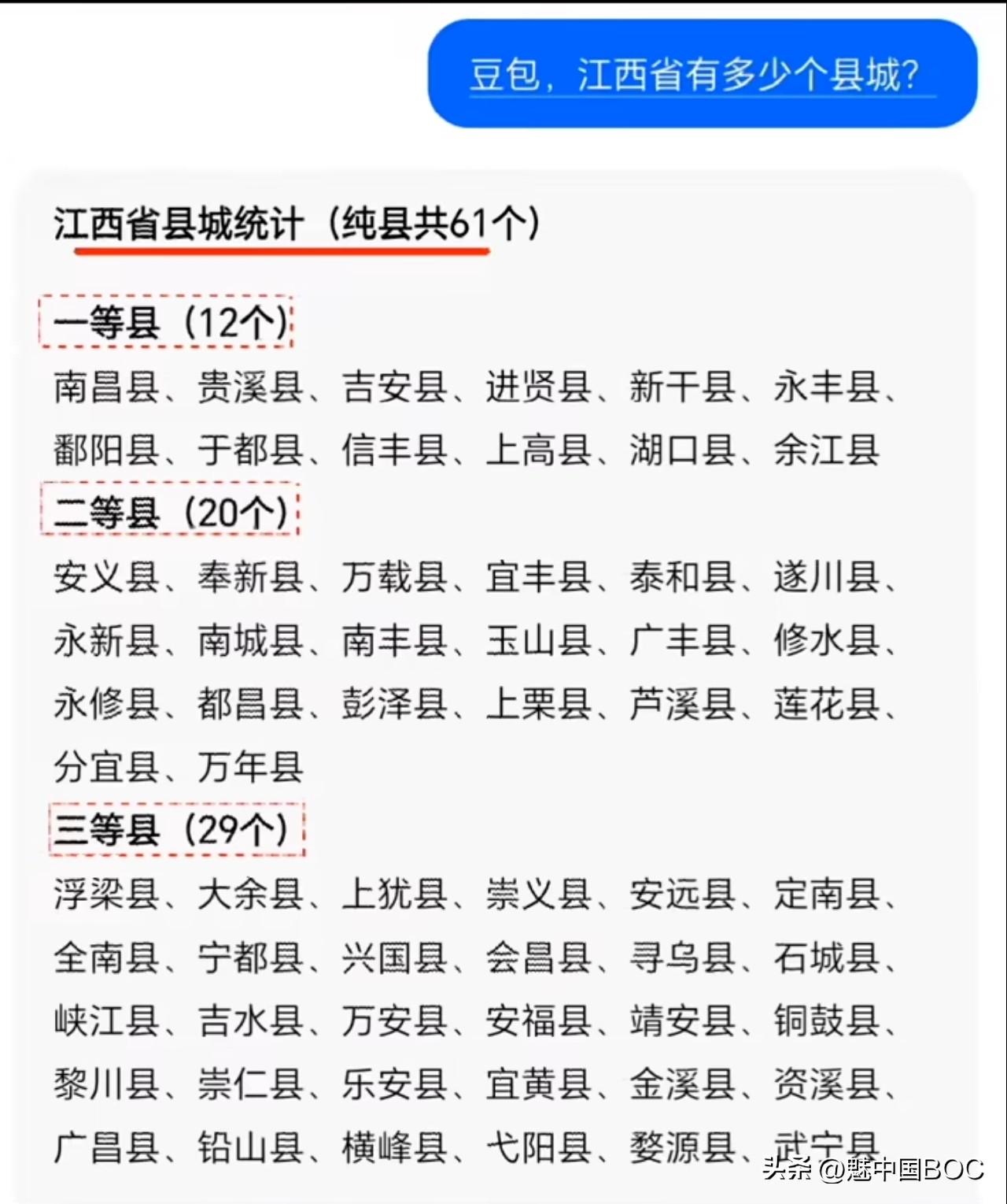 刷手机的时候偶然看到一张关于江西县城的统计表，整整61个纯县，被分成了三个等级。