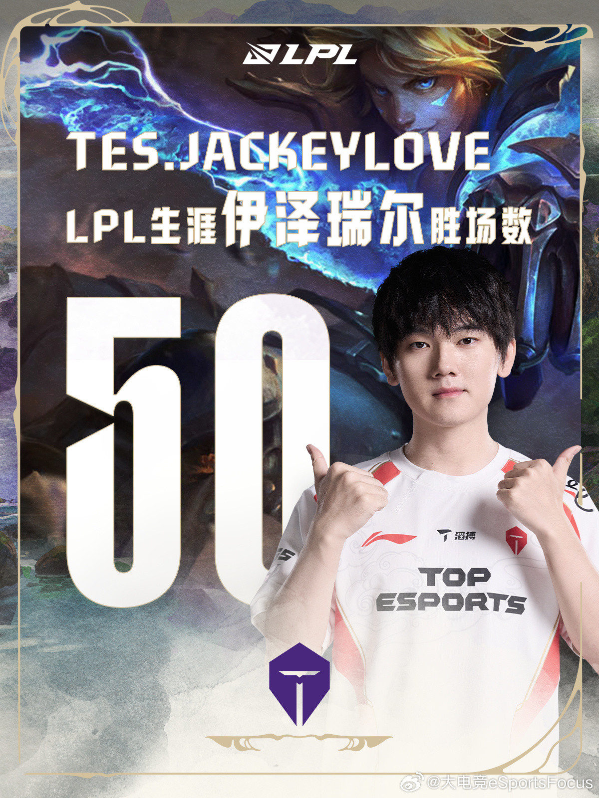 【里程碑：JackeyLove达成LPL生涯伊泽瑞尔50胜场成就】JackeyL