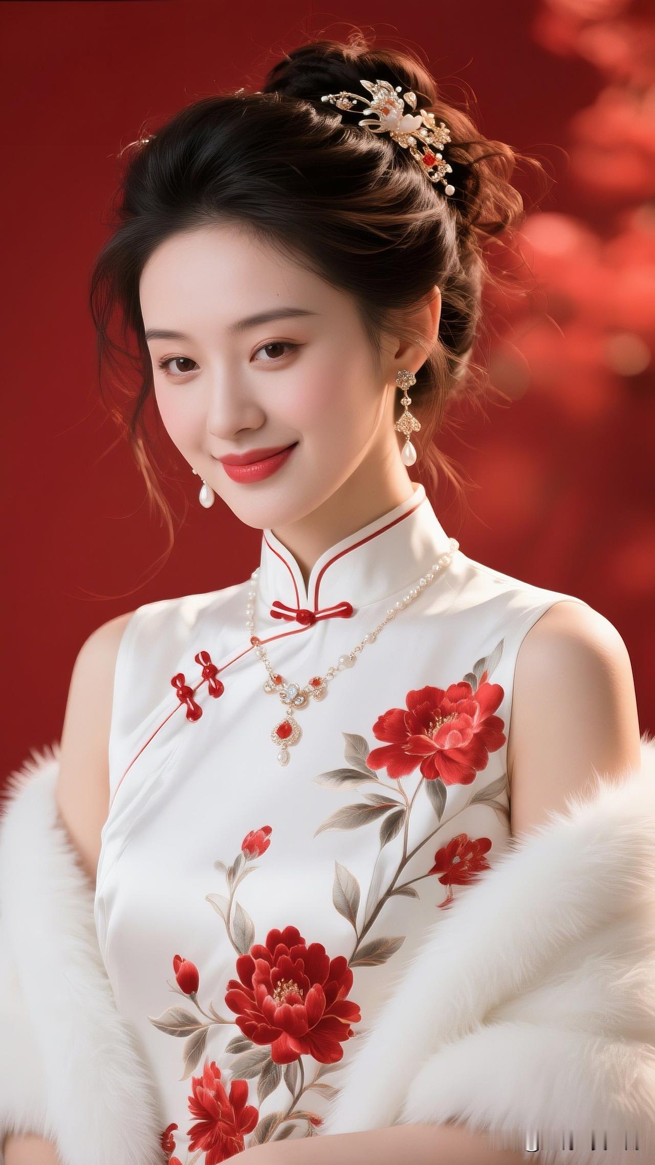红妆美人笑，花枝拂面来。美女究竟能有多美复古旗袍照，红白相间，优雅动人！