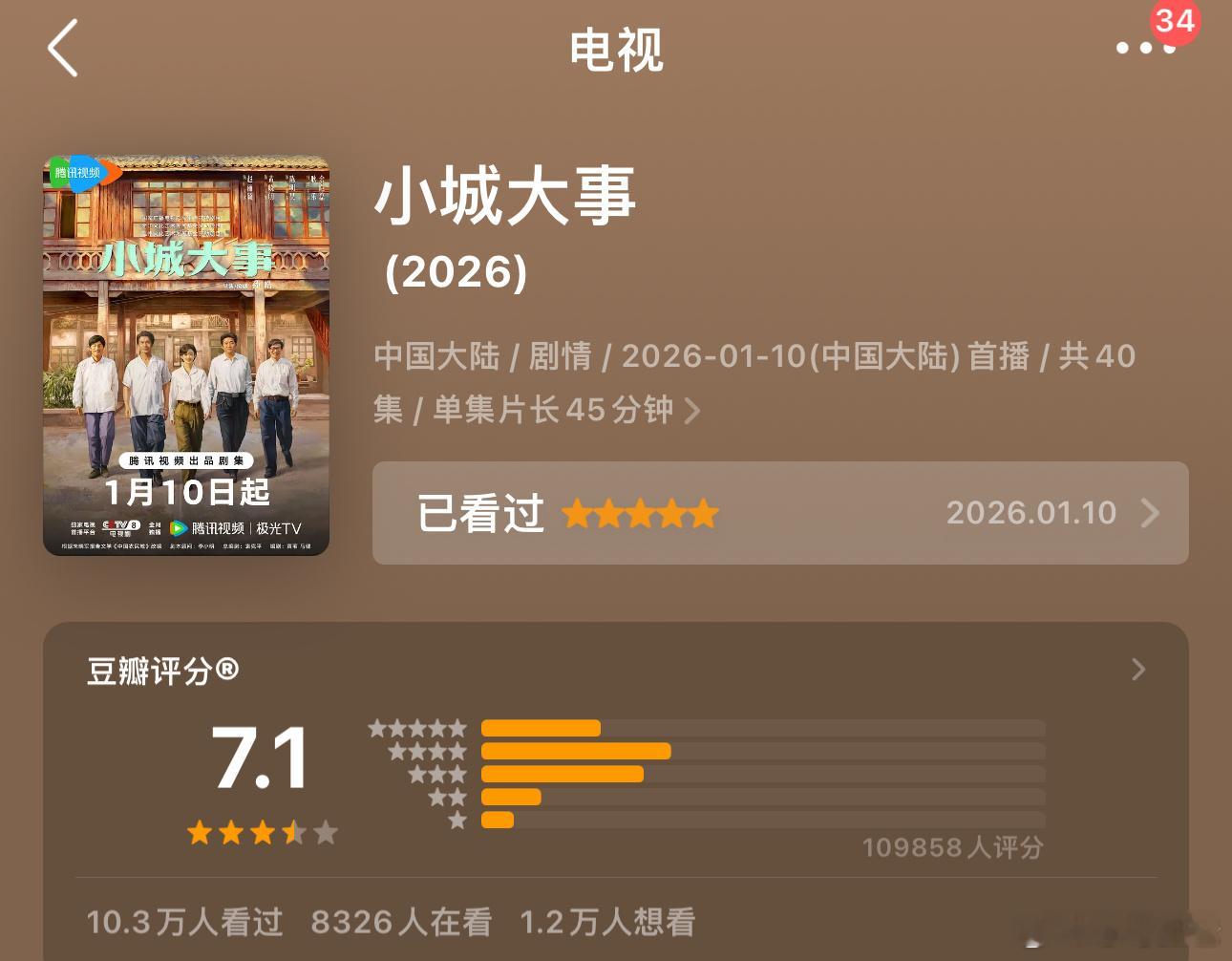 赵丽颖《小城大事》豆瓣开分7.1分，将近11w人打分，感觉低了，但被下了那么多黑