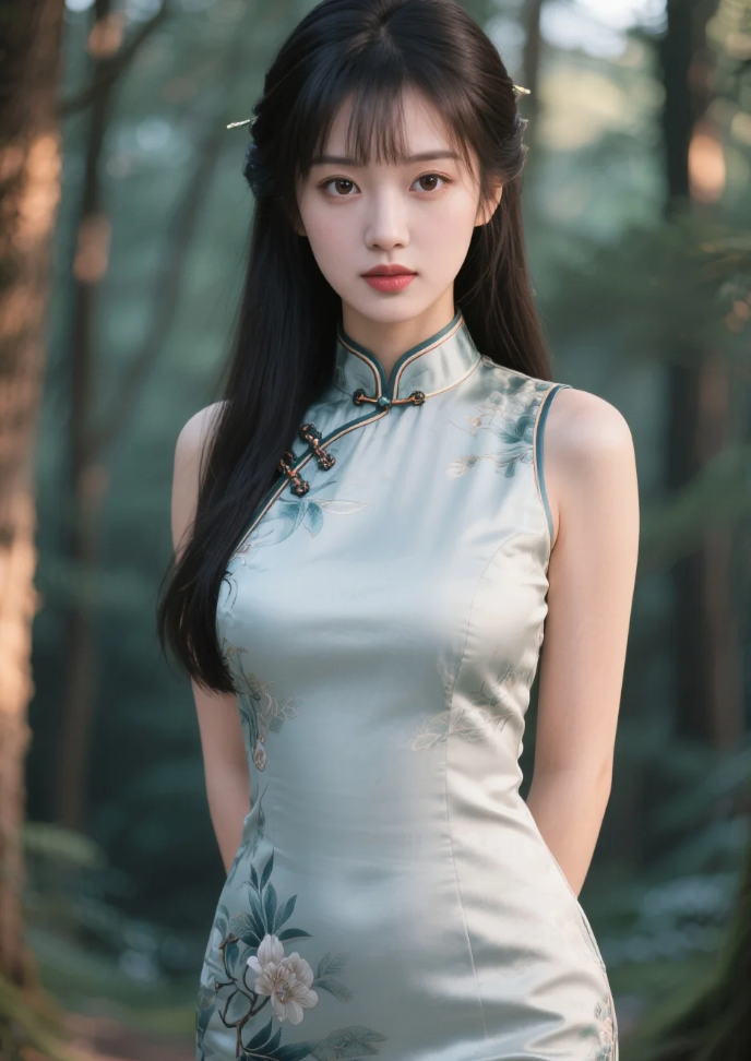 她一袭银白色旗袍，静静地站在月光下。