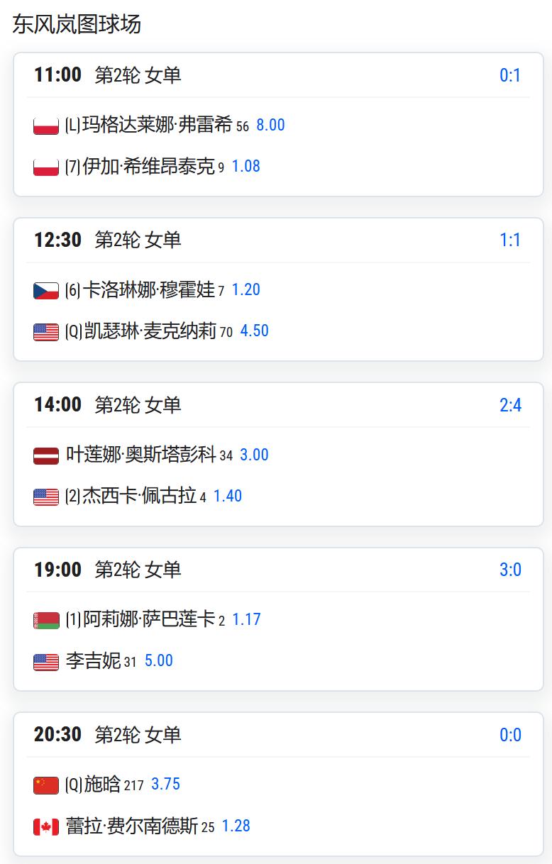 WTA1000赛武汉站，女单第二轮，施晗将在中心球场最后一场，对阵加拿大球员费尔