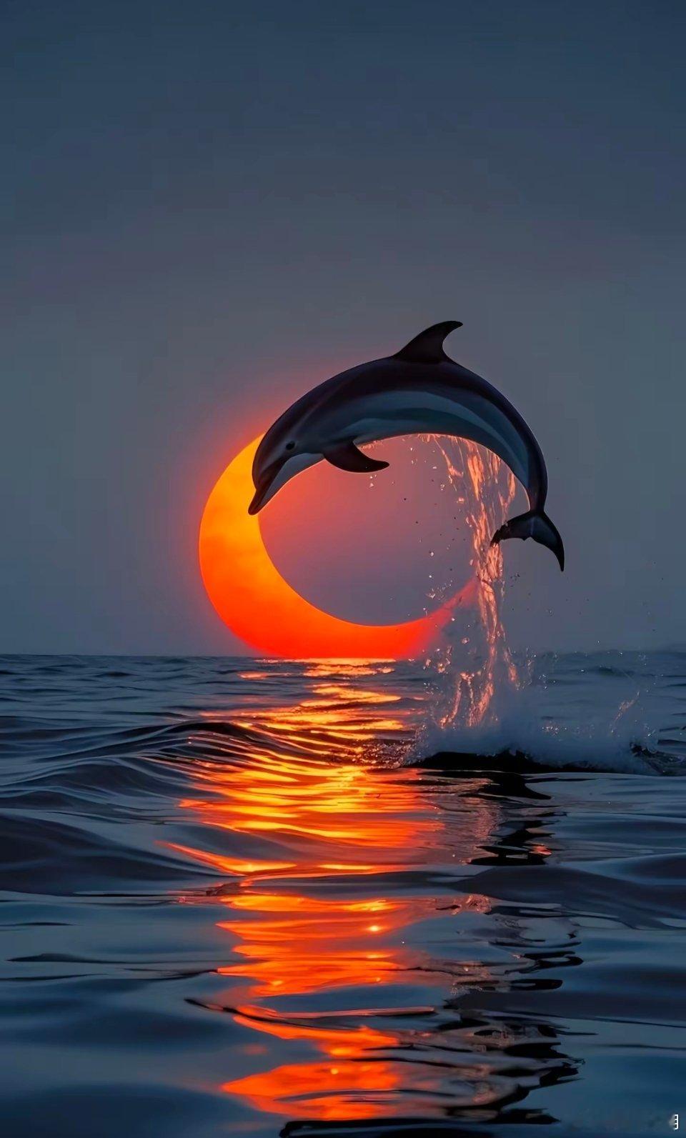 早安！落日熔金，浪涌成诗，海豚跃出海面的瞬间，把整片海洋的温柔都揉进了黄昏里。每