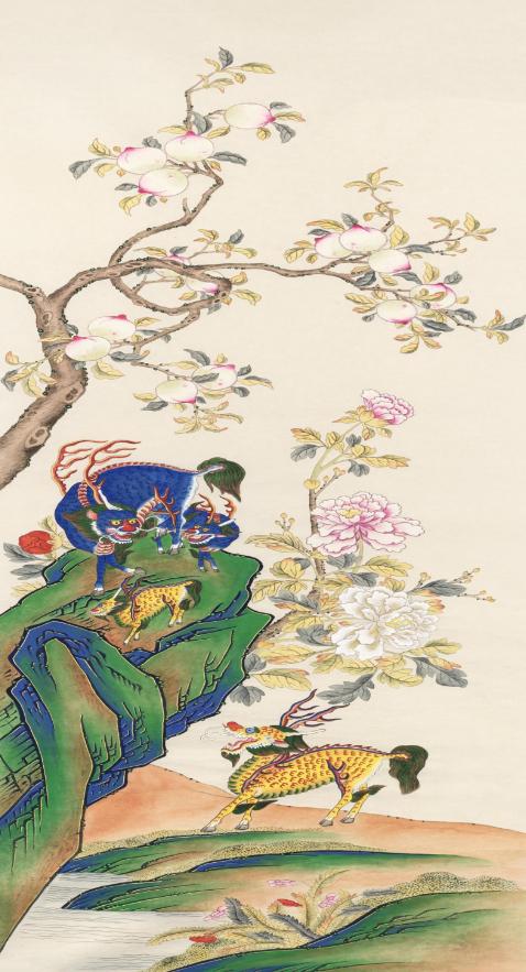 韩国总统访华。送的礼挺有讲究。一幅复刻的19世纪《麒麟图》。上面有麒麟、