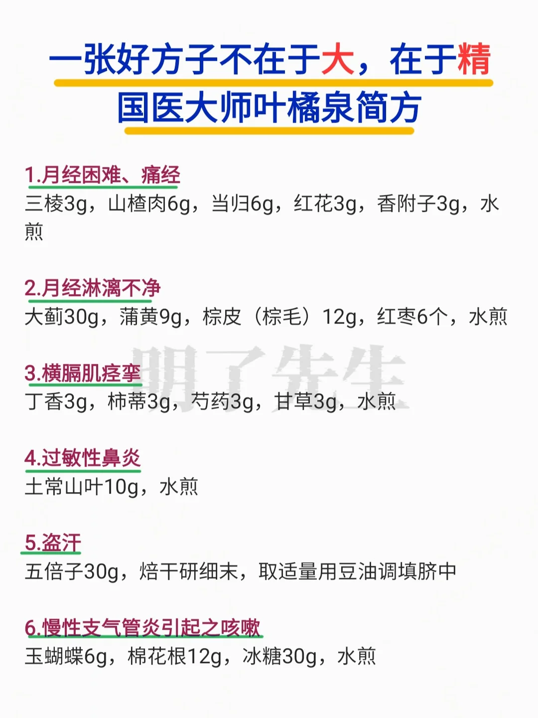 一张好方不在药多，在于精，国医叶橘泉简方