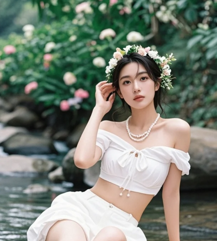 “她坐在溪边石头上，美得不费吹灰之力”