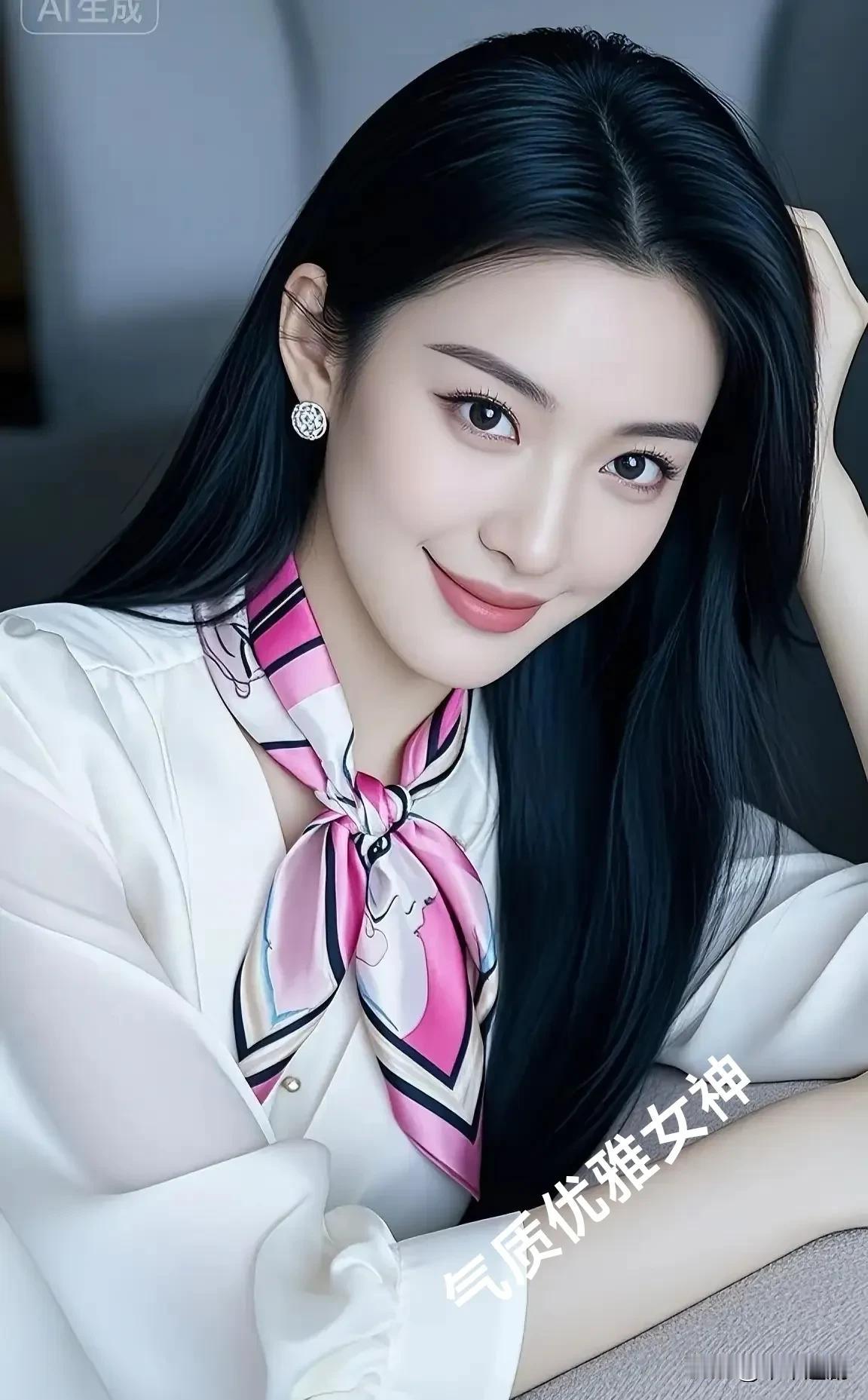 乌黑长发如瀑，白色衬衫衬得温婉雅致，粉系丝巾添了灵动，钻石耳钉闪着精致。她是气质
