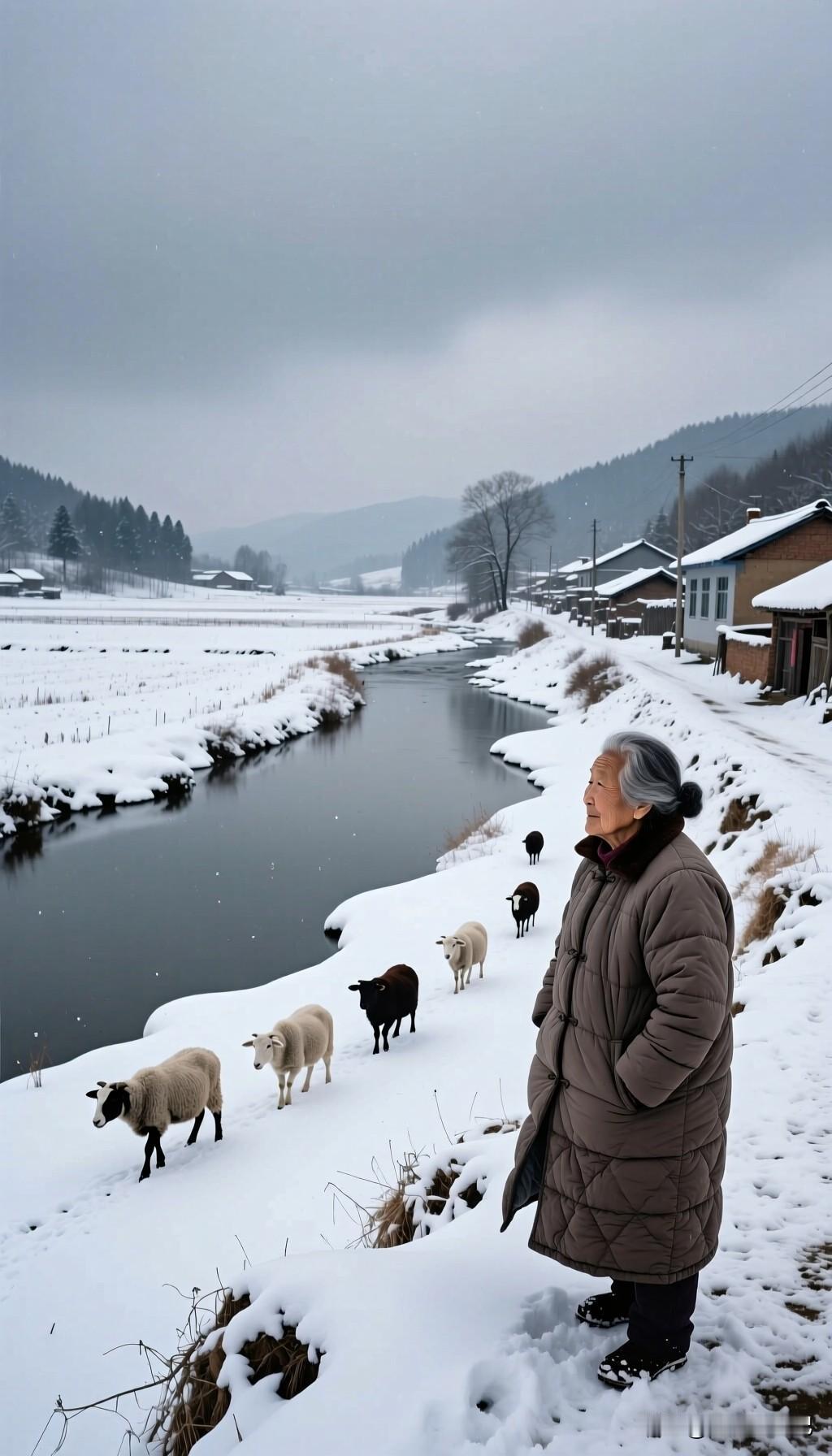 冬日山村，河塘被雪覆盖，远处的山峰隐约可见，田野一片白茫茫，羊牛在雪地中觅食，一