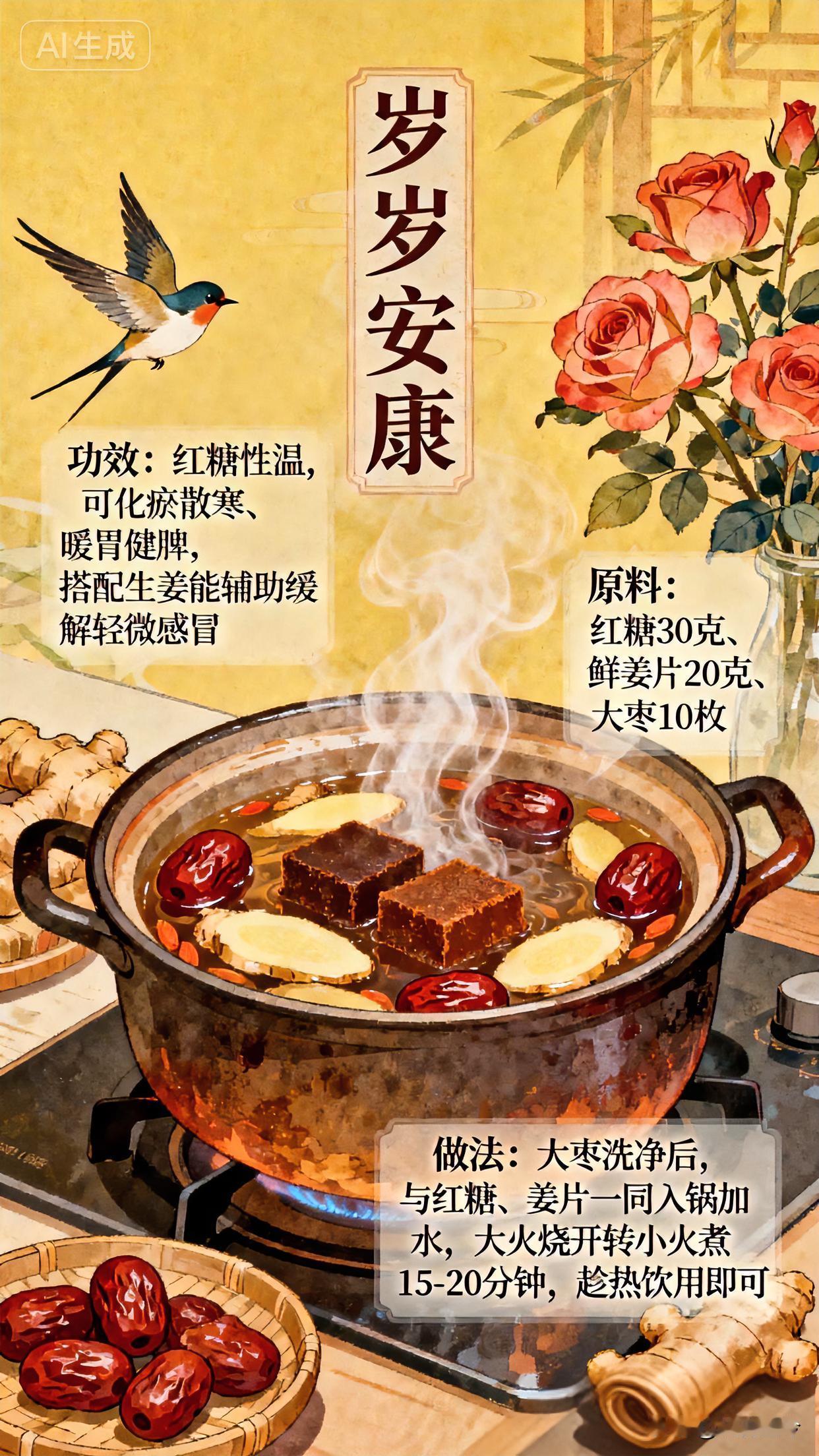 [红脸笑]生姜红糖水的好处[红脸笑]1.功效：红糖性温，可化瘀散寒、暖胃健脾，搭配